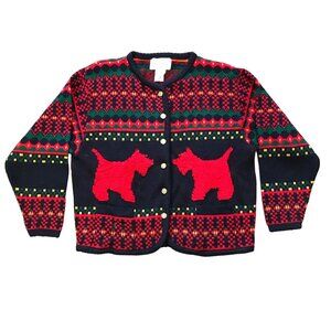 Vtg Tally-Ho Scotty Terrier Dog Cardigan Sweater Button Front Red Black Medium